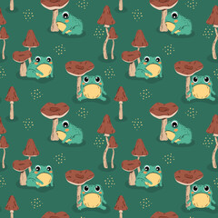 Żaby i Grzyby. Zabawny powtarzalny wzór w małe zielone ropuchy na zielonym tle. Ilustracja wektorowa.