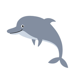 Fototapeta premium Cute cartoon smiling dolphin. An inhabitant of the underwater world. Vector illustration. Isolated element on a white background.