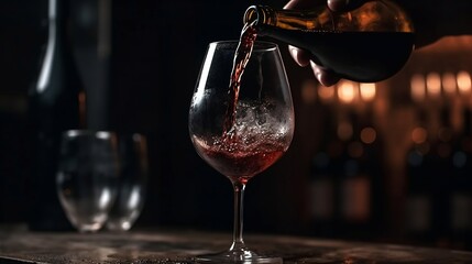 Naklejka na ściany i meble Red wine being poured into glass, Generative AI