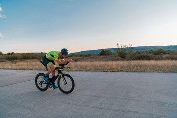 Obraz premium Triathlete riding his bicycle during sunset, preparing for a marathon. The warm colors of the sky provide a beautiful backdrop for his determined and focused effort.