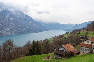  Canton St. Gallen, Switzerland- April 7, 2023: A view of Lake Walensee.