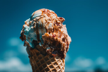 Refreshing Summer Treat: Melting Ice Cream Cone Against Blue Sky