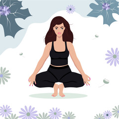 Poster beautiful girl in yoga lotus position faceless in black clothes with plants and flowers, gentle colors