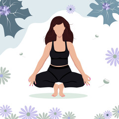 Poster beautiful girl in yoga lotus position faceless in black clothes with plants and flowers, gentle colors