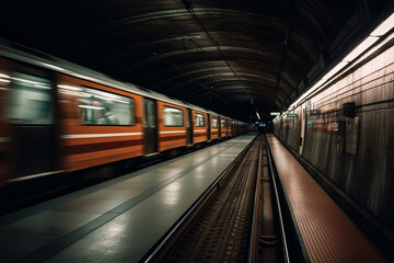 Fototapeta premium Underground metro or subway passing or departing the station with great speed. Public transportation transit motion concept. Ai generated
