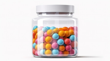 Front view different pills with plastic flask on yellow-blue background. Generative Ai
