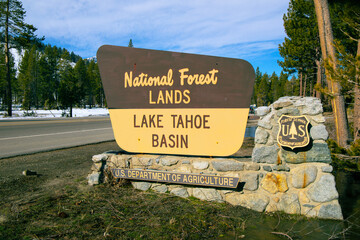 Lake Tahoe Basin National Forest Sign, South Lake Tahoe California in the Sierra Nevada