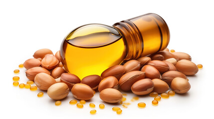 Argan oil isolated. Argan seeds frame on a white background. Generative Ai