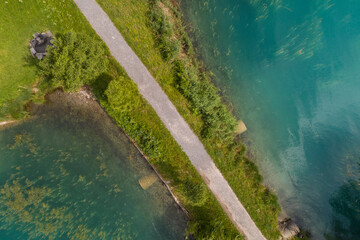 Aerial view of Inseli Lungern on lake Lungern, Switzerland