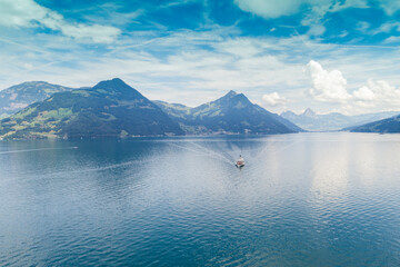 Aerial view of Lucerne lake with its Fjords and green mountains, Lucern, Switzerland