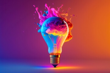 bright idea and creative thinking - a colorful glowing lightbulb, visualization of brainstorming , generative ai