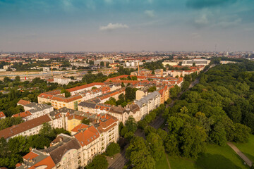 Aerial view of Treptower park and the skyline of Berlin, Germany