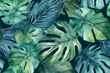 Seamless tropical leaves background. Monstera, strelitzia, palms. Watercolor jungle pattern. Generative ai. - obrazy, fototapety, plakaty