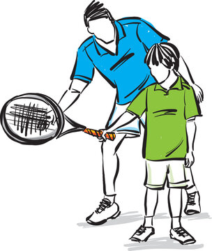 man coach teaching tennis class to little boy kid learning sports concept vector illustration