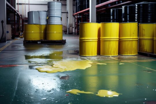 Toxic Chemical Spill In A Factory, With Hazardous Materials Spilling Onto The Floor, Created With Generative Ai