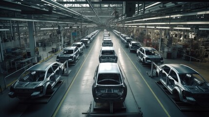 Obraz premium Mass production assembly line of modern cars in a busy factory. Generative AI 