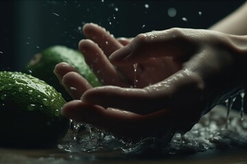 Hands of woman washing ripe avocados under faucet in the sink kitchen. made with generative AI