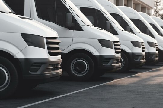 Generic row of new vans in a parking bay ready for purchase 3d render. Generative AI