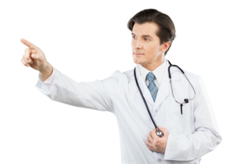 Man doctor in white robe presses with a finger