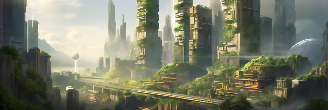 Futuristic cityscape with a lot of trees, floating spacecrafts, clean and streamlined, light white and green, zone focusing, majestic ports. AI generated image