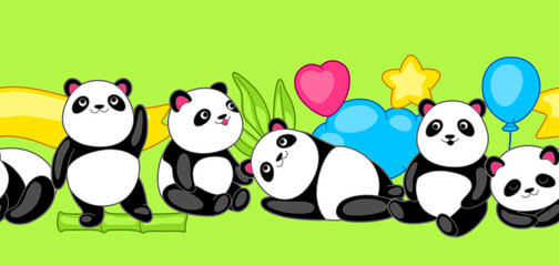 Naklejka premium Seamless pattern with cute kawaii little pandas. Funny characters and decorations in cartoon style.