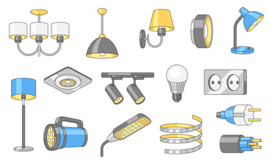 Set of electric lighting and lamps. Electrical equipment. Industrial or business images. Icons for website and shop.