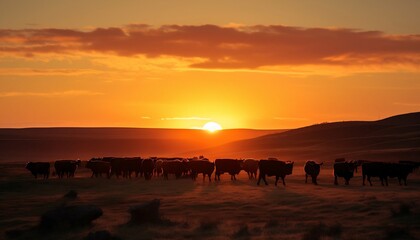 Fototapeta na wymiar Silhouette of Cows on a Field in Sunset