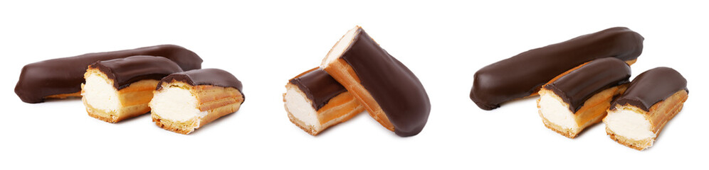 Tasty eclairs covered with chocolate on white background, collage design
