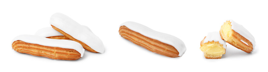 Collage with tasty glazed eclairs on white background