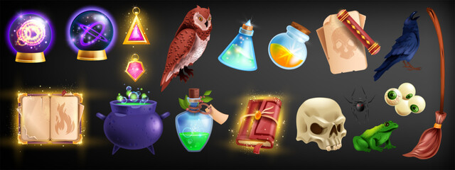 3D magic witchcraft game icon set, vector wizard Halloween cartoon object kit, crystal future teller. Old esoteric book, mystic broomstick, fantasy potion cauldron, black crow, eyes. Witchcraft icon