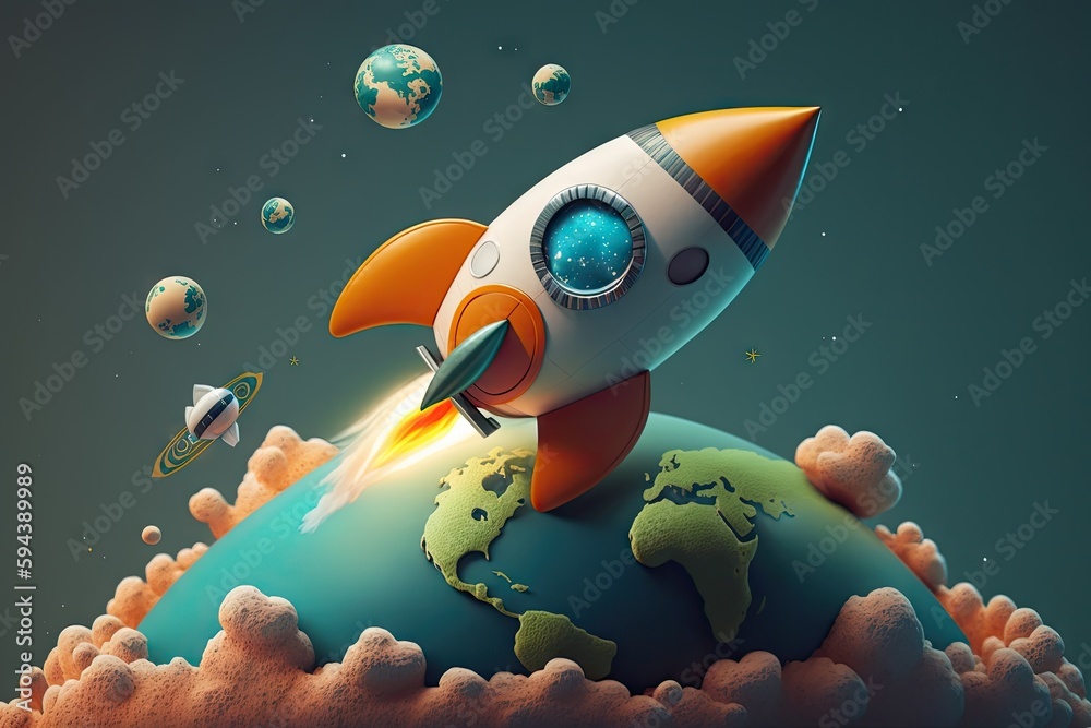 Sticker cute rocket with earth view, flying over planet and into space, created with generative ai