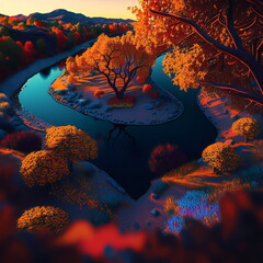 A colorful autumn landscape with a little stream at sunset is a captivating view, with warm hues of orange and red leaves, the peaceful sound of water flowing, generative ai