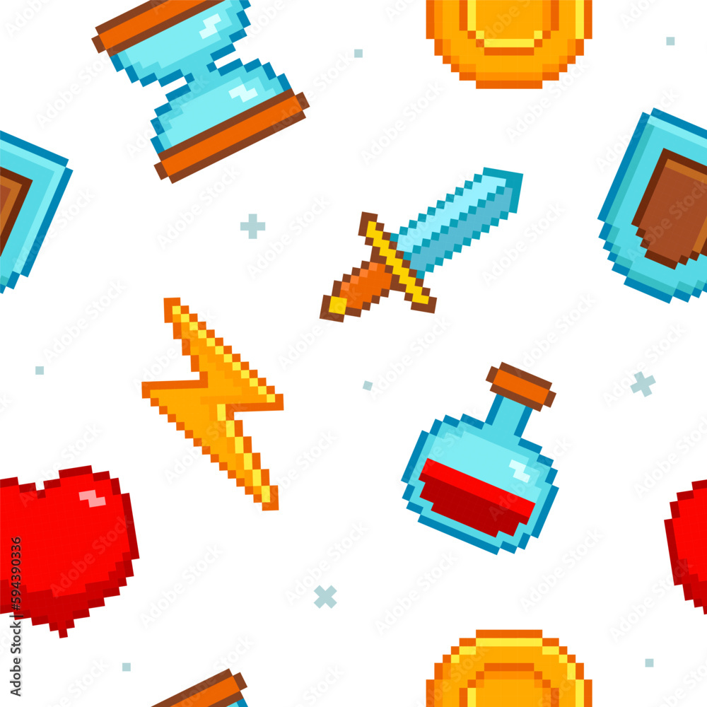 Poster 8-bit game icons vector seamless pattern background. pixel icons in vintage 8 bit video game style 8