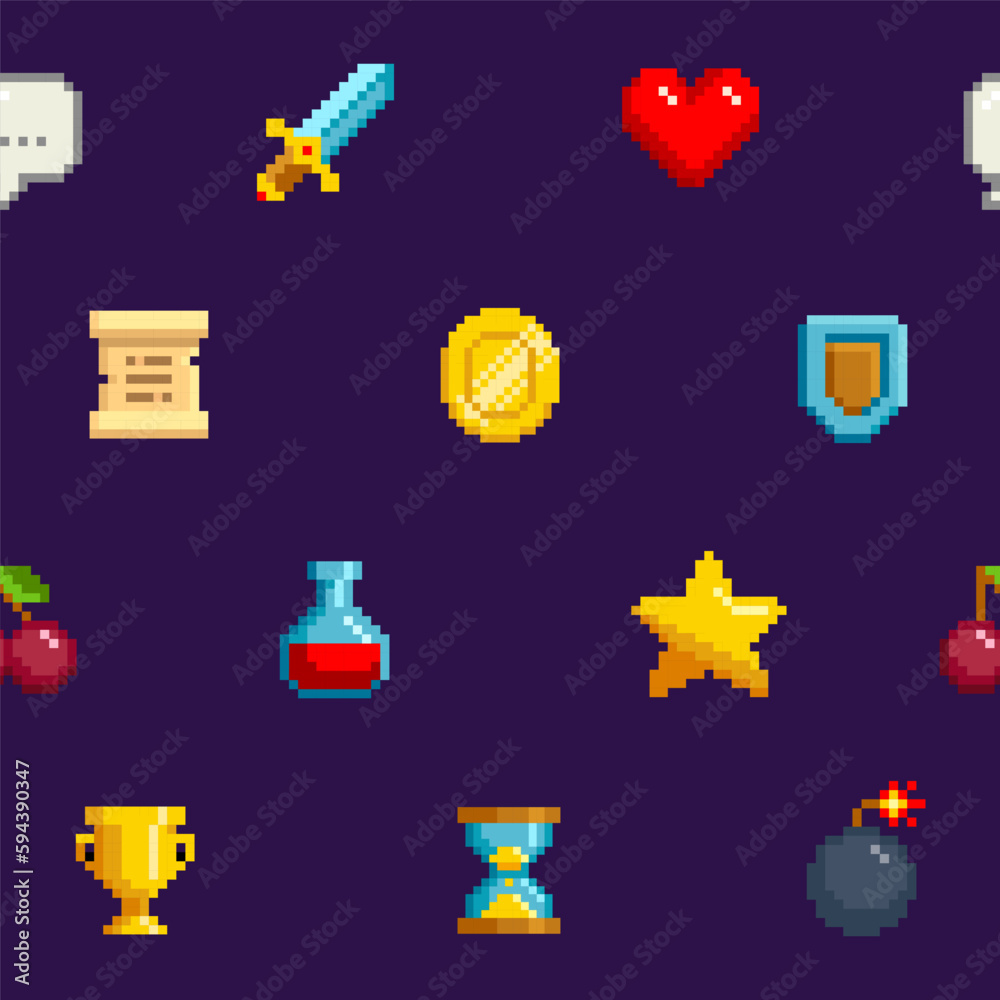 Poster 8-bit game icons vector seamless pattern background. pixel icons in vintage 8 bit video game style 8