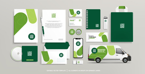 Green Brand Identity Mock-Up of stationery. Corporate identity Concept of stationary mock-up template. of business documets. Company Van branding. Advertising promo elements