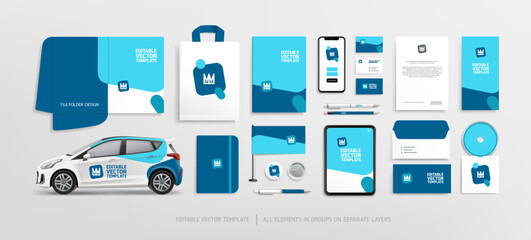 Stationery Mock-Up set with Brand Identity concept of Blue abstract geometric design. Branding stationery mockup template of File folder, flyer, banner, promotional van car, brochure. Editable vector - obrazy, fototapety, plakaty