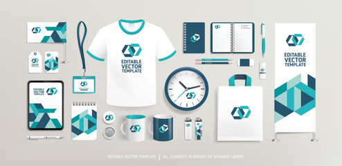 Fototapeta premium Promotional souvenirs with Corporate Identity design concept on stationery. Stationery mock-up template. Brand presentation mock-up set. Promotion AD vertical banner design. Editable vector template 