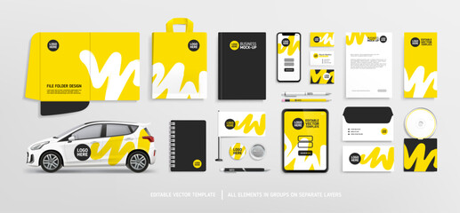 Stationery Mock-Up set with Brand Identity concept of Yellow abstract design. Branding stationery mockup template of File folder, flyer, banner, promotional van car, brochure. Editable vector