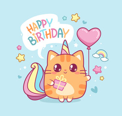Happy Birthday Card concept with cute cat or  caticorn baby in kawaii style. Baby kitten Unicorn says  Happy Birthday on greeting card design. Vector templae