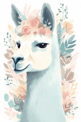 Cute llama, alpaca standing among flowers and plants, illustration for children made in Scandinavian style, perfect for a poster. Generative ai