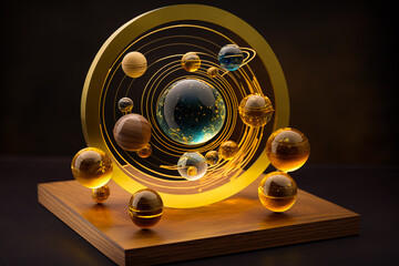 Glass spheres of diverse sizes on the rings. Universe and orbits model on the wooden stand. Generative AI.