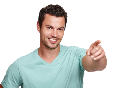 Man, portrait and finger pointing with smile, happiness or sign for direction by png background. Isolated male model, young and happy with excited face for suggestion, idea and point index for review