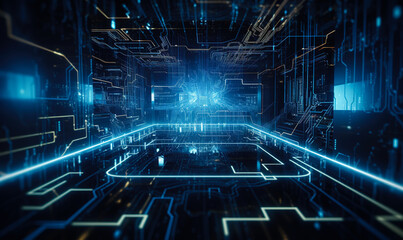 Room of virtual reality with multiple neon lines interweaving with each other. Futuristic technological backdrop. Generative AI.