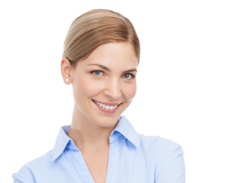 Portrait, happy and business woman in studio confident, empowered and about us on isolated, transparent or png background. Face, smile and female worker with ambitious, empowering or positive mindset