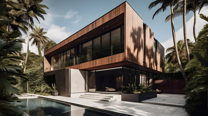 Fototapeta na wymiar Ultra modern Architect designed luxury house with palm trees.