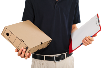 Delivery man with box and clipboard isolated on white background