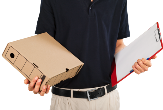 Delivery man with box and clipboard isolated on white background