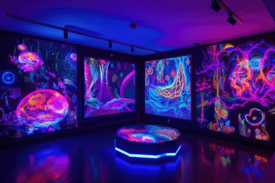 room filled with blacklight and uv-reactive artwork, each piece unique and eye-catching, created with generative ai