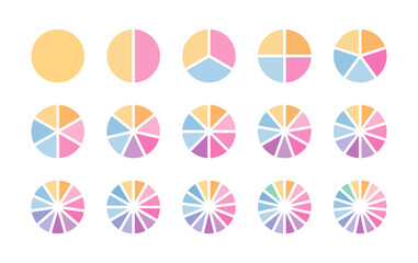 Circular section pie diagram graph. Set of colored segments and slices. Round scheme with sectors. Circle chart divided into pieces. Colorful structure with 3, 6, 9, 12 elements. Vector illustration