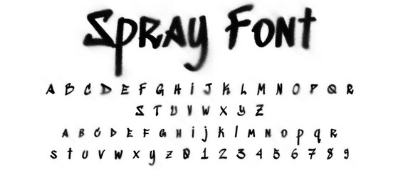 Black colored spray font with uppercase lowercase letters and numbers on transparent png background, graffiti style abc, creative uppercase typography for poster, banner, flyer etc.
 - obrazy, fototapety, plakaty